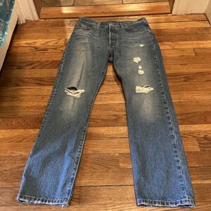 Levi's 501 High Rise Straight Medium Wash Distressed Jeans Size 29x30 90s Vtg